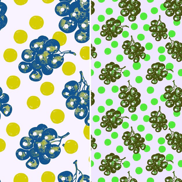 a pattern of grapes with yellow dots and green dots