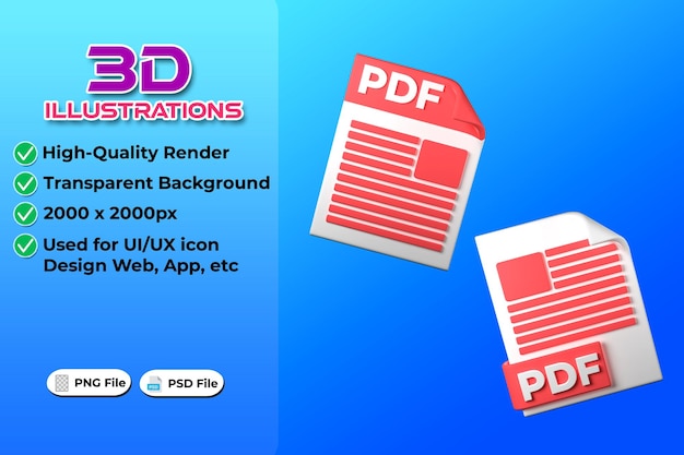 PDF File Type 3D rendering on transparent background Ui UX icon design web and app trend