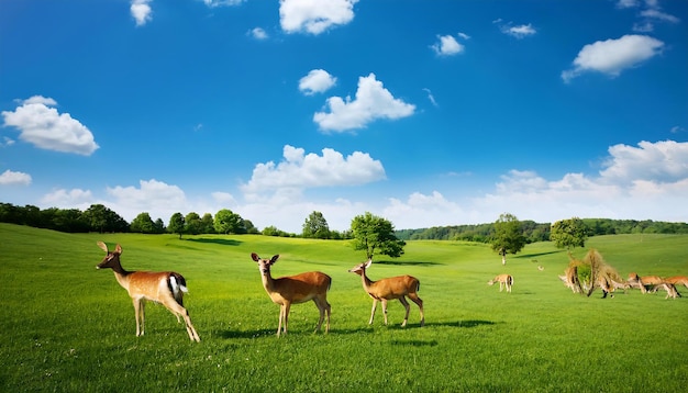 PSD a peaceful meadow with grazing deer and a clear blue sky