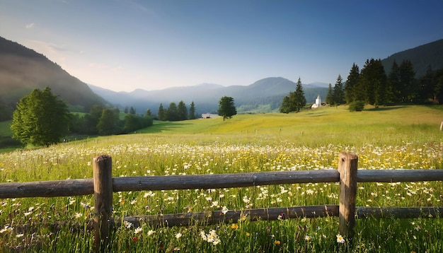 PSD a peaceful meadow with a wooden fence and wildflowers in bloom