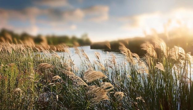 PSD a peaceful riverbank with reeds and tall grasses swaying in the wind