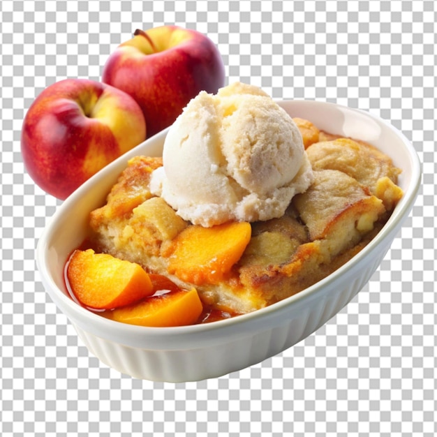 PSD peach cobbler dessert in a white bowl top view on transparent background