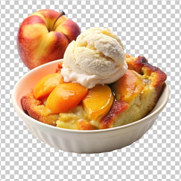 PSD peach cobbler dessert in a white bowl top view on transparent background