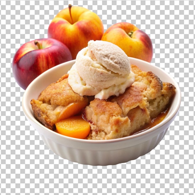 PSD peach cobbler dessert in a white bowl top view on transparent background