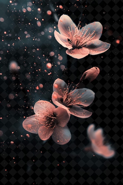 Peach Dust Blossom Effect With Blossoming Flowers and Peach Magic Neon Color on Dark Background