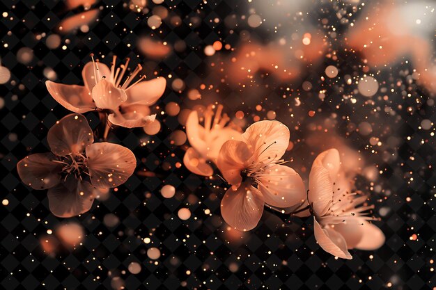 Peach Dust Blossom Effect With Blossoming Flowers and Peach Magic Neon Color on Dark Background