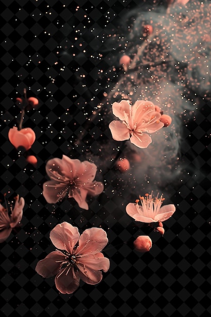 Peach Dust Blossom Effect With Blossoming Flowers and Peach Magic Neon Color on Dark Background