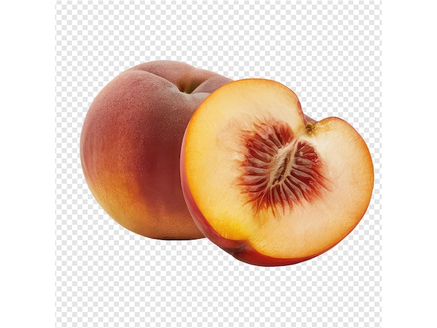 PSD a peach is cut in half and has a red stem