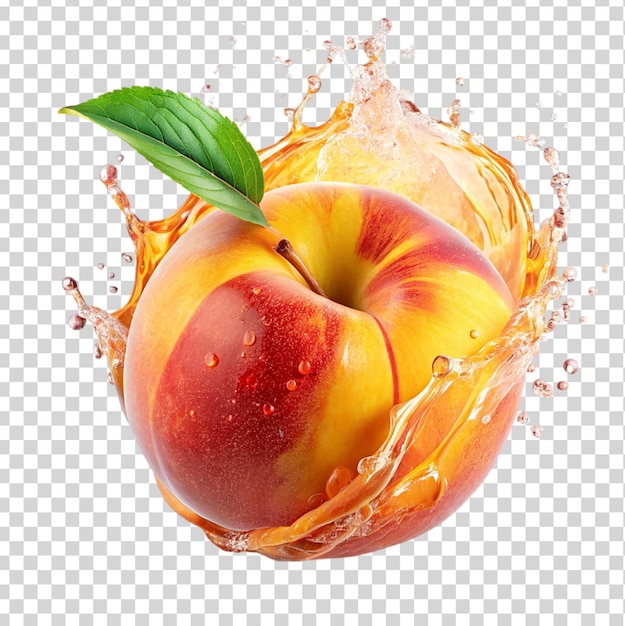 Peach in juice splash Isolated on transparent background