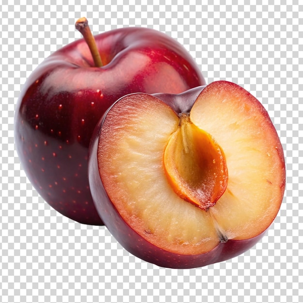 A peach with a yellow center and red skin on transparent background