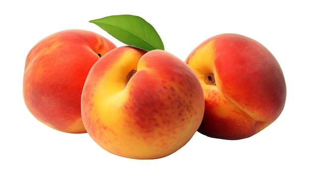 Peaches with leaves isolated on transparent background Clipping path included