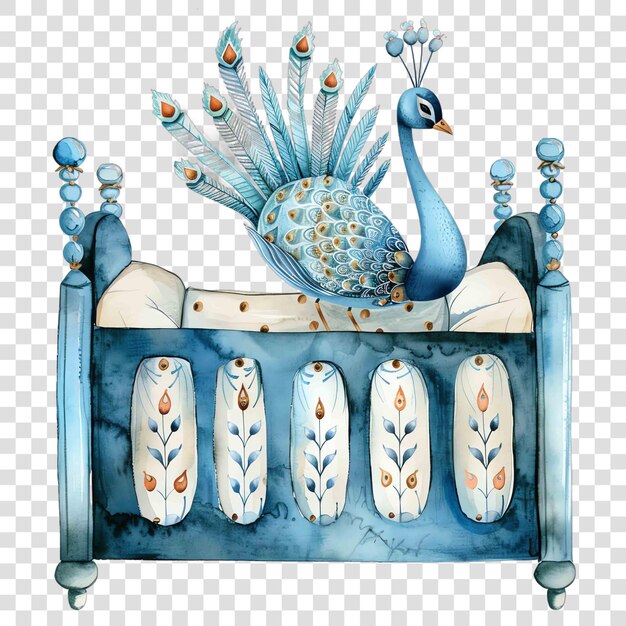 PSD peacock in blue baby bed nuresery watercolor