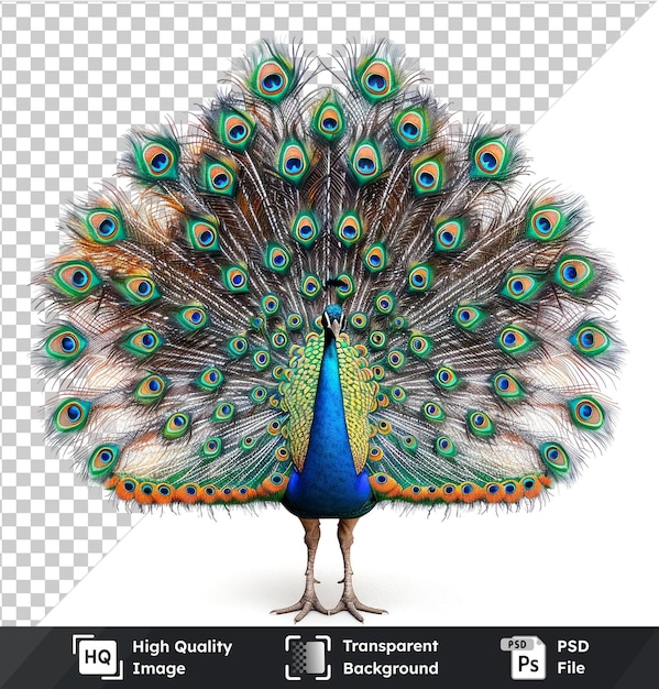 PSD peacock displaying feathers on transparent background