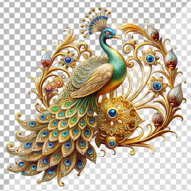 A peacock featuring opulent golden accents isolated on transparent