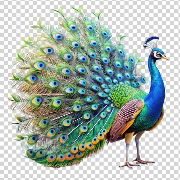 PSD a peacock with a long tail and colorful feathers on transparent background