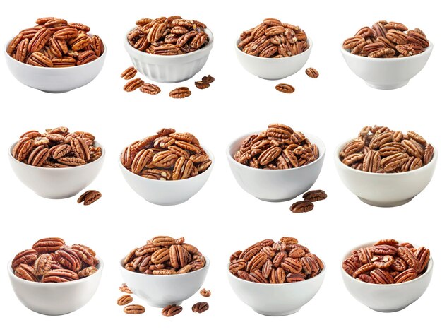 PSD pecan nuts in white bowls with scattered pecans