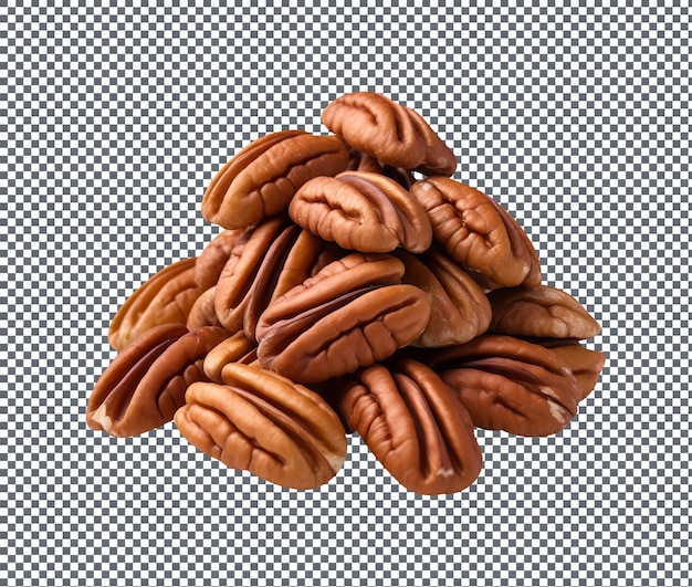 Peeled pecan nuts close up isolated on transparent background