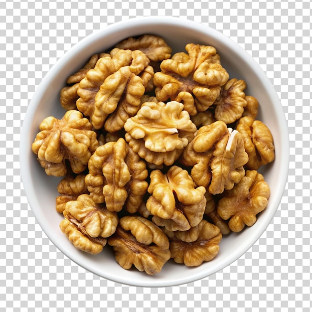 Peeled walnuts in white bowl Isolated on transparent background