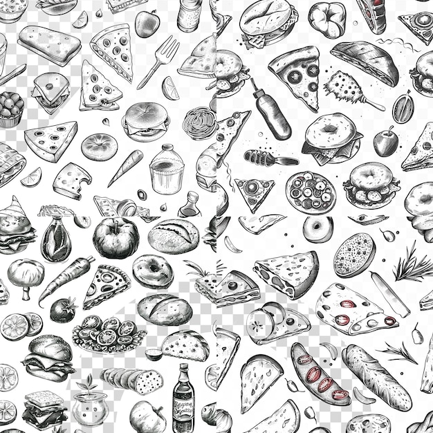 PSD pencil sketch food pattern in transparent background