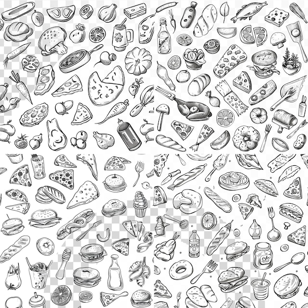 PSD pencil sketch food pattern in transparent background