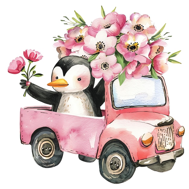 PSD penguin driving a pink flower truck watercolor for kids illustration