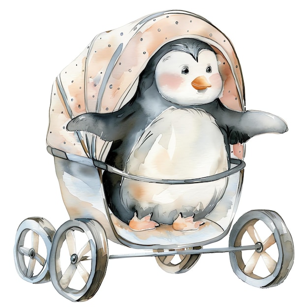 Penguin inside a pram watercolor for kids illustration