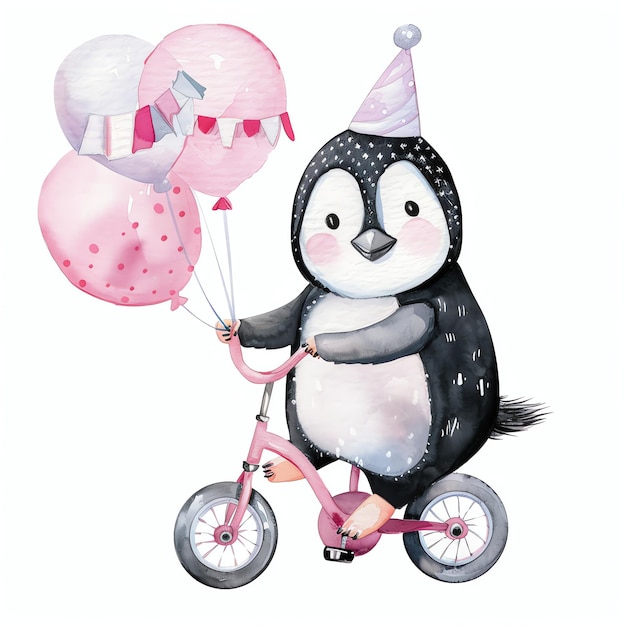 PSD penguin riding a pink bike watercolor for kids illustration