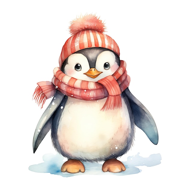 Penguin Wearing Winter Clothes For Christmas Event Watercolor Style AI Generated