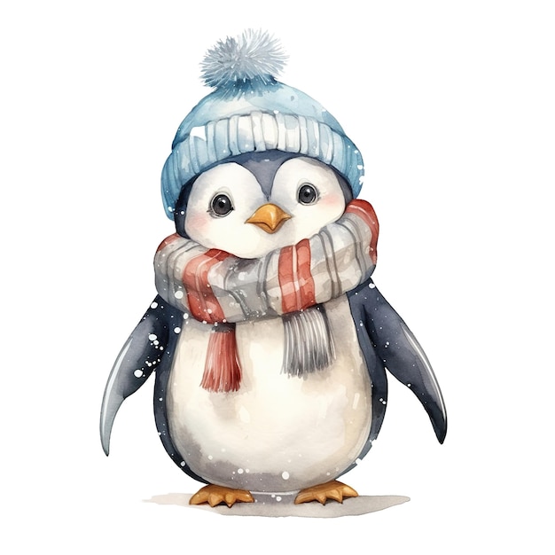 Penguin Wearing Winter Clothes For Christmas Event Watercolor Style AI Generated