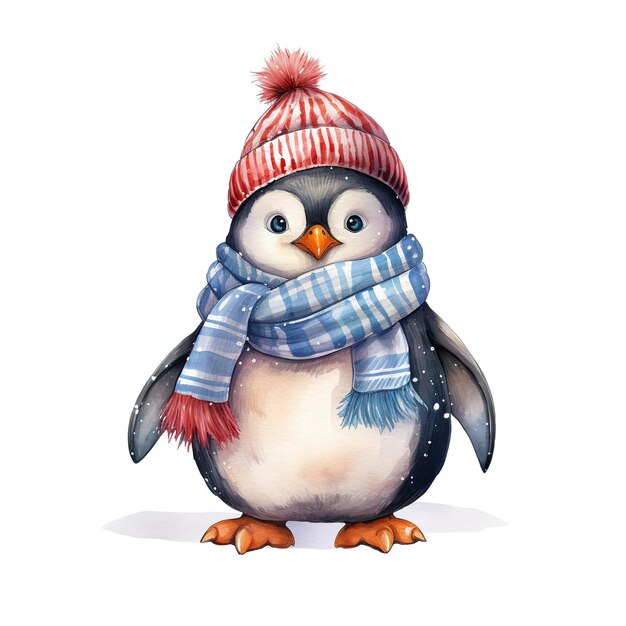 Penguin Wearing Winter Clothes For Christmas Event Watercolor Style AI Generated