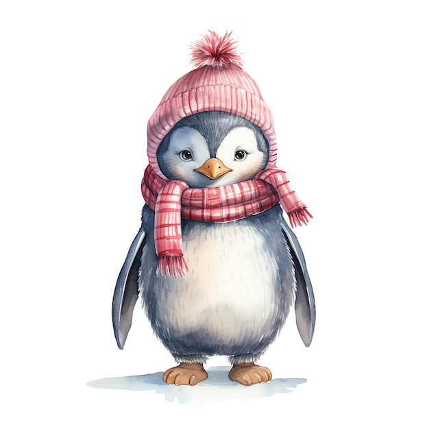 Penguin Wearing Winter Clothes For Christmas Event Watercolor Style AI Generated