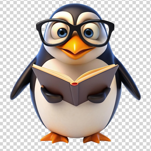 Penguin with glasses deeply reading book 3d isolated on transparent background