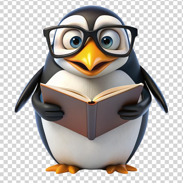 Penguin with glasses deeply reading book 3d isolated on transparent background