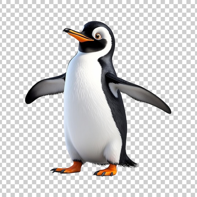 a penguin with a yellow beak and orange feet