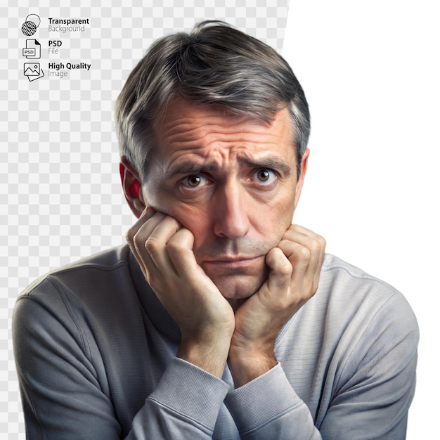 Pensive man with hands on cheeks against transparent background