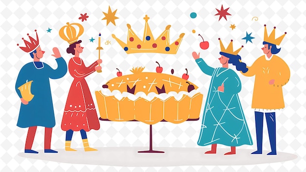 PSD people celebrating the epiphany with a galette des rois desi flat illustration culture character