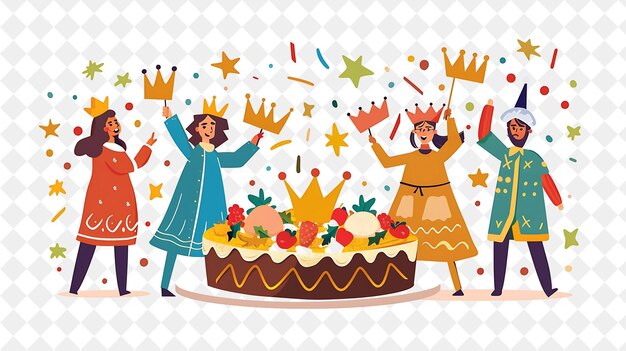 PSD people celebrating the epiphany with a galette des rois desi flat illustration festival of the world