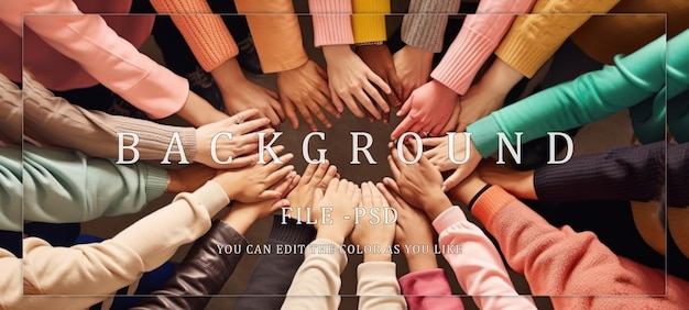 People fold hands with each other symbolizing their unity and support or teamwork