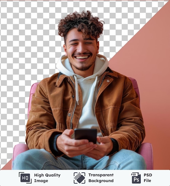 people and technology concept portrait of smiling young man using smartphone sitting on chair excited casual guy chatting online browsing social memes on a pink wall