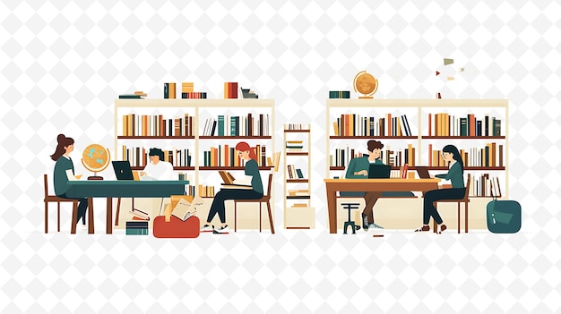 PSD people working in a library with bookshelves and a man reading a book