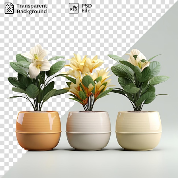 PSD perfect of yellow and white flowers and green leaves arranged in white vases on a transparent background against a white wall