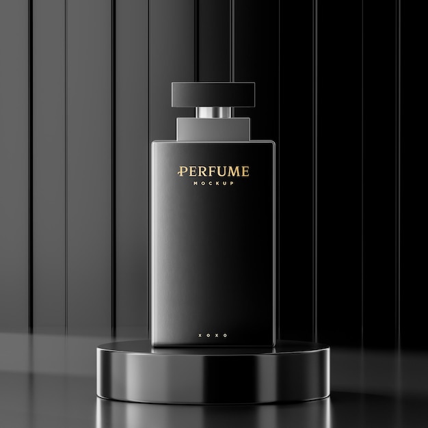 Perfume bottle logo mockup on black abstract background for brand presentation 3d render