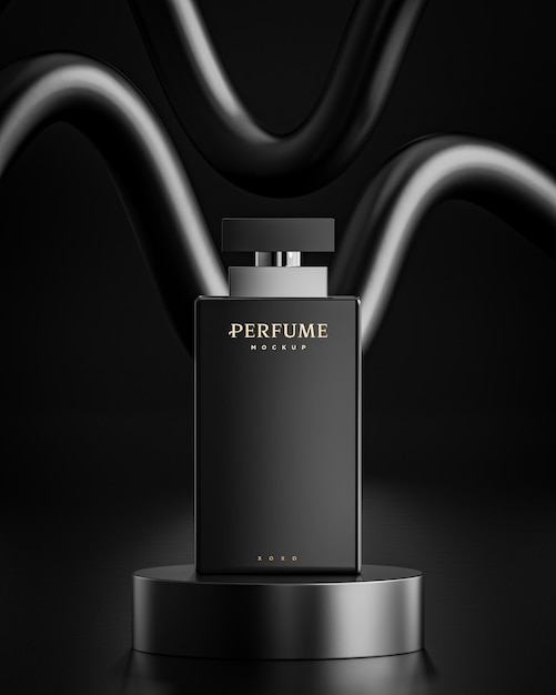 Perfume bottle logo mockup on black abstract background for branding 3d render