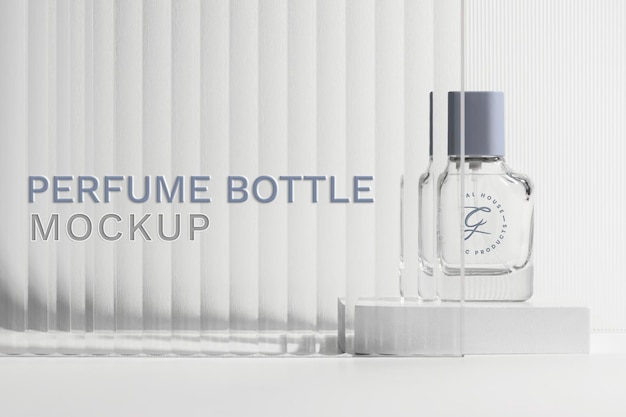 Perfume bottle mockup psd with patterned glass texture product backdrop