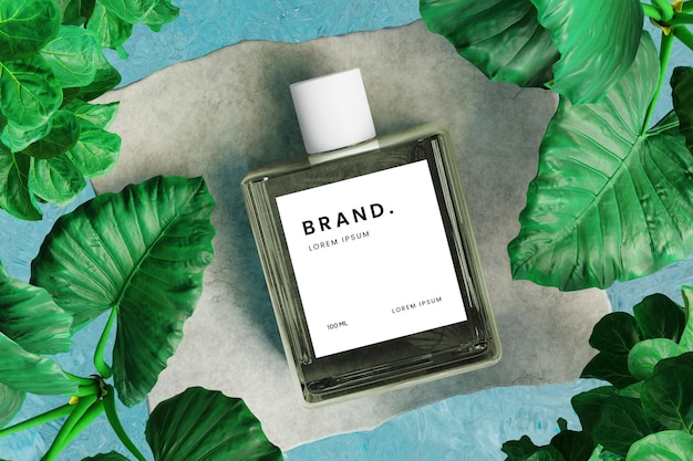 Perfume bottle mockup top view with leaves and rock on water natural background