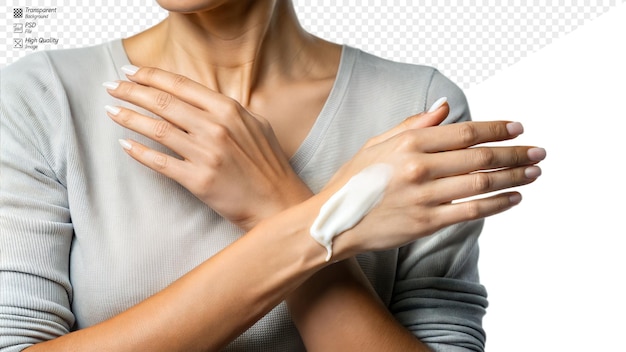 Person applying moisturizer to their arm on a transparent background