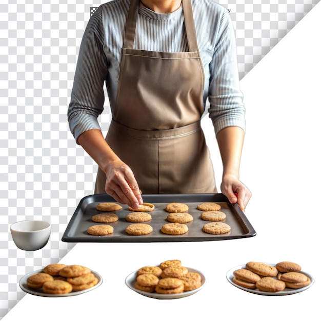 PSD person baking cookies on a tray representing cooking homemade food