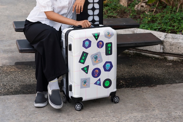 Person carrying luggage with stickers