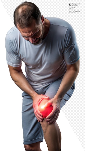 Person experiencing knee pain with transparent background suggesting arthritis or injury