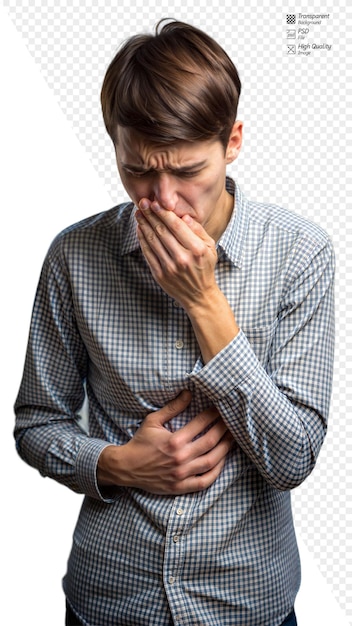 Person feeling nauseous holding stomach with a hand over mouth on transparent background